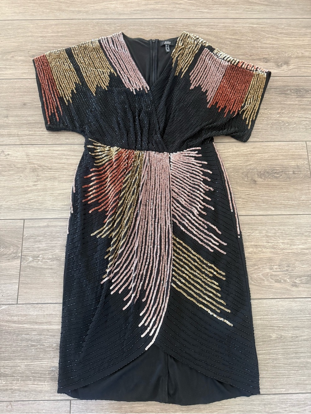 Adrianna Papell Black Midi Dress with Pink, Gold & Rust Sequin Detailing